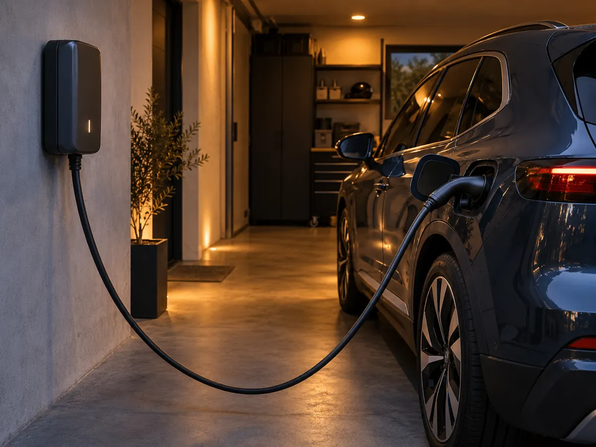 Borne de recharge murale branchée sur une voiture électrique dans un garage