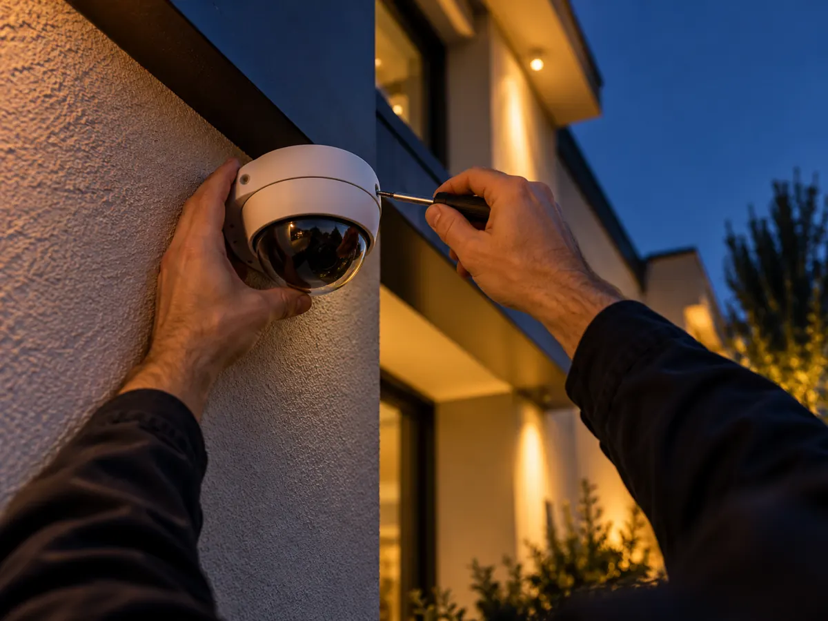 Technicien Like Services installant une caméra de vidéosurveillance dôme sur une façade